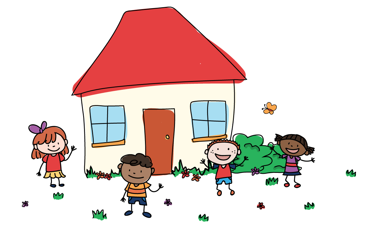 illustration of kids playing infront of a house with a red roof